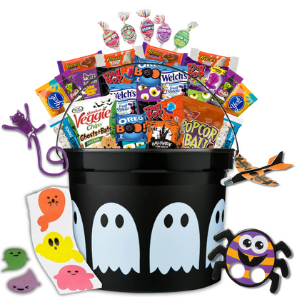 Halloween Candy Trick or Treat Bucket Pre-filled with Assorted Candy, Snacks & Toys for Kids, Grandkids, Students, Friends, Family - 40 Piece (Ghost)