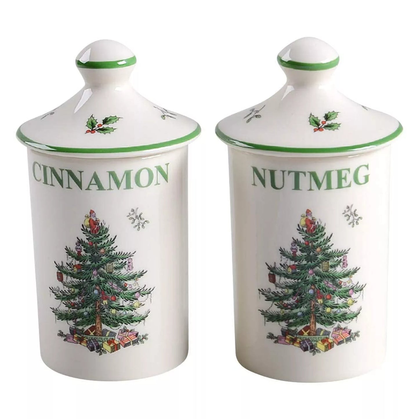 Spode Christmas Tree Spice Jars - Set of 2 Porcelain Jars for Cinnamon & Nutmeg, 4.5 Inch