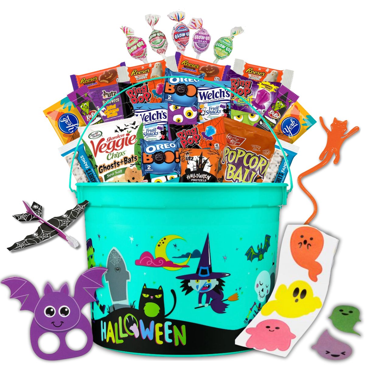 Halloween Candy Trick or Treat Bucket Pre-filled with Assorted Candy, Snacks & Toys for Kids, Grandkids, Students, Friends, Family - 40 Piece (Turquoise)